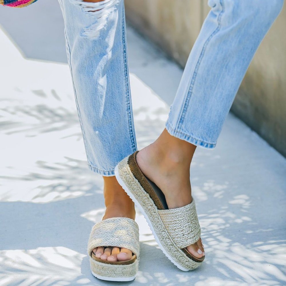 NEW🔥 Natural Jute Raffia Espadrille Slide Sandals Platform Wedge Heel Open Toe - Picture 4 of 11